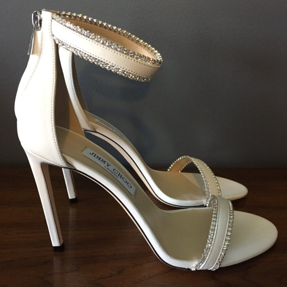 Jimmy Choo Dochas Size 40.5 Latte Leather with Jewel Trim Bridal Sandals Heels - Picture 4 of 15